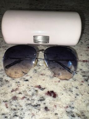 JIMMY CHOO Blue Gray Gradient Silver Frame Crystal Temples Aviator Pilot Glasses